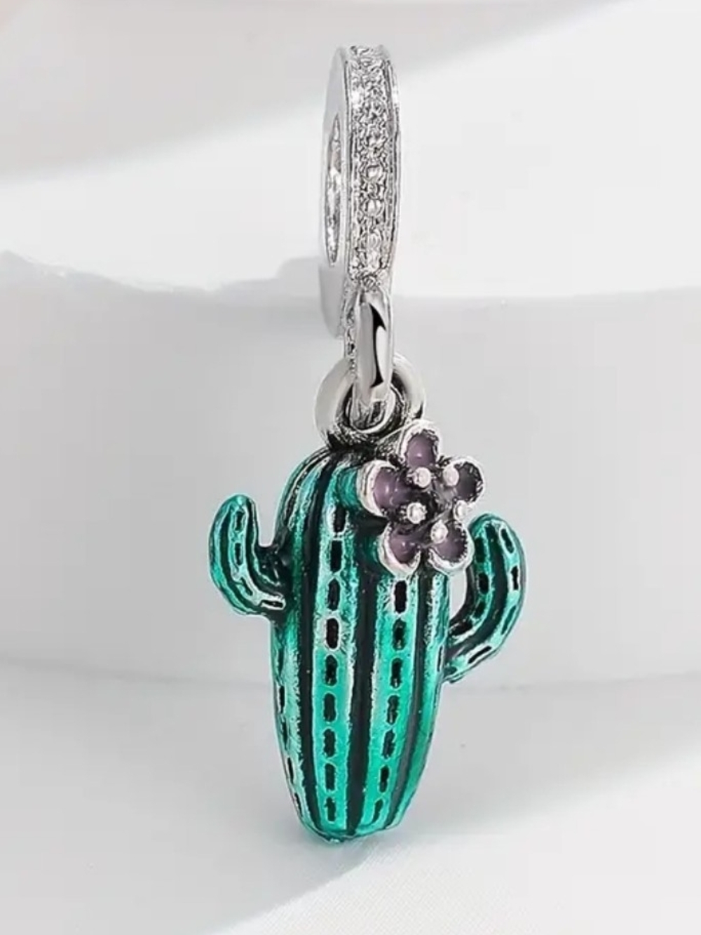 Green Cactus Charm with Purple Flower Pendant